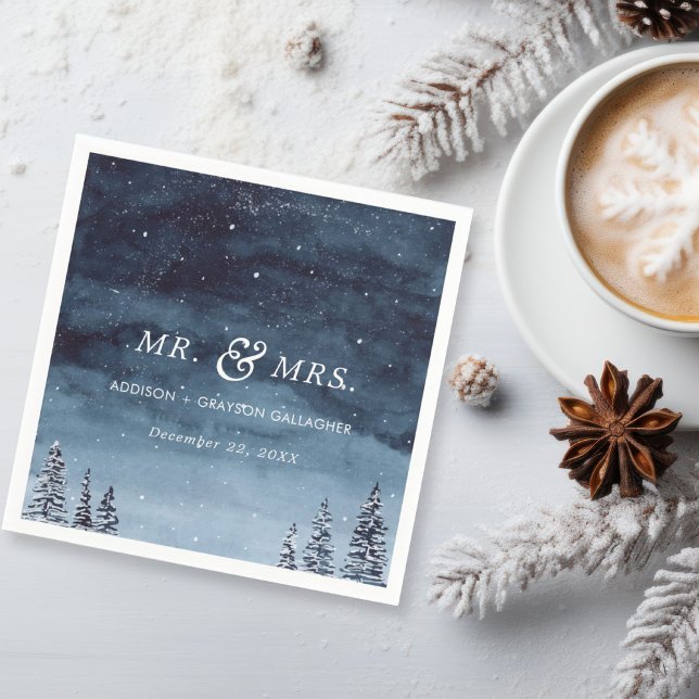 Snowy Winter Watercolor Navy Blue Wedding Napkins (Watercolor winter wonderland navy night sky with snow wedding napkin for your reception.)