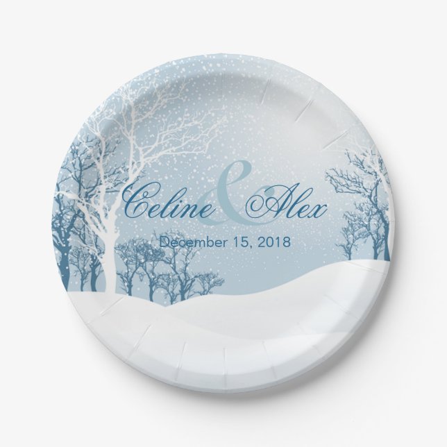 Snowy Winter Wedding Paper Plates (Front)