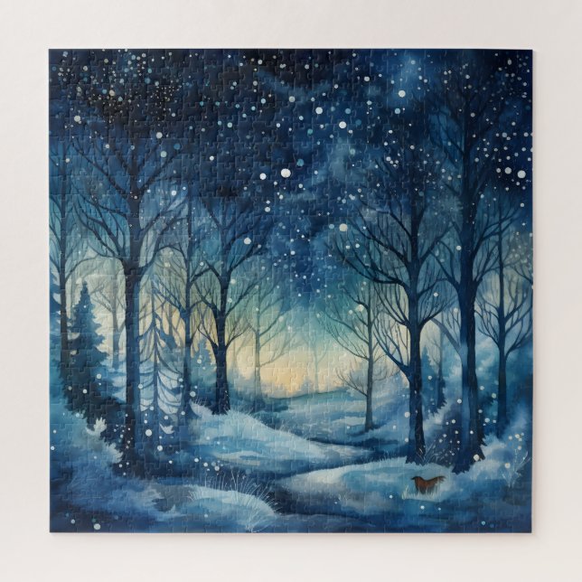 Snowy Winter Wonderland Navy and White Jigsaw Puzzle (Vertical)