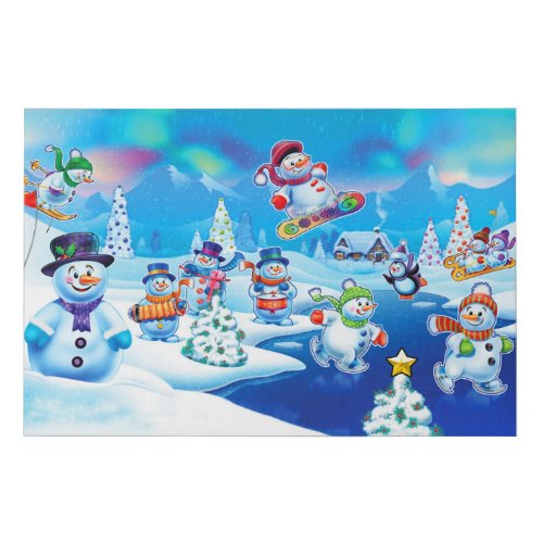 Snowy winter wonderland snowmen scene faux canvas print