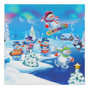 Snowy winter wonderland snowmen scene faux canvas print