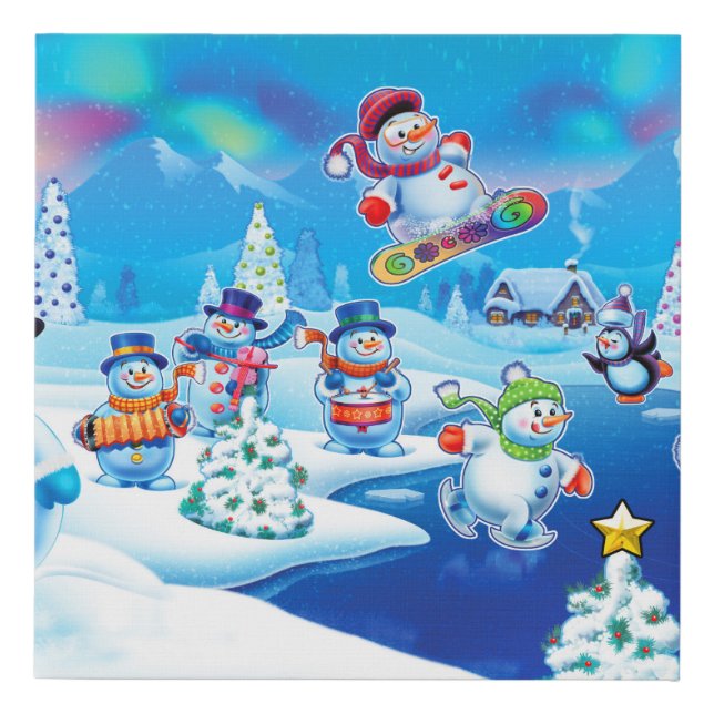 Snowy winter wonderland snowmen scene faux canvas print (Front)