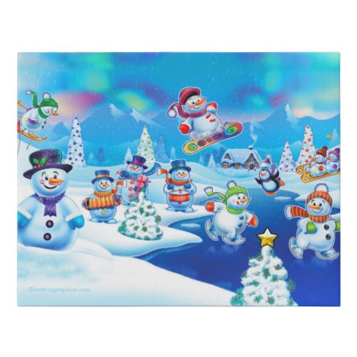 Snowy winter wonderland snowmen scene faux canvas print