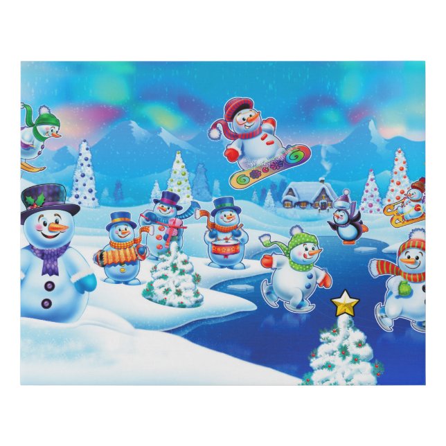 Snowy winter wonderland snowmen sports scene faux canvas print (Front)