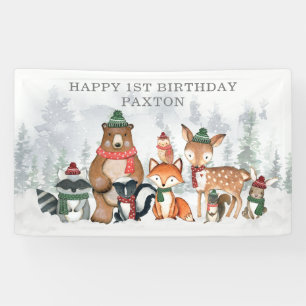 Snowy Winter Woodland Animals Happy Birthday Banner