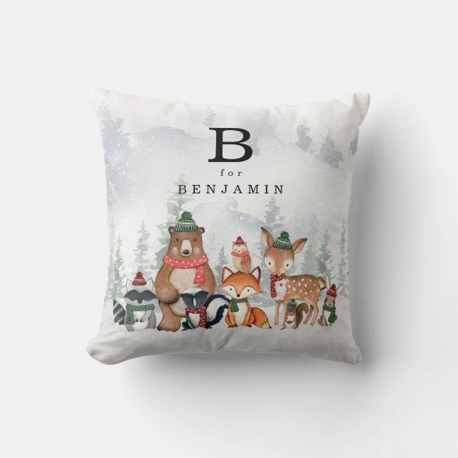 Snowy Winter Woodland Baby Animals Monogram Throw Pillow (Front)