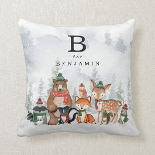 Snowy Winter Woodland Baby Animals Monogram Throw Pillow