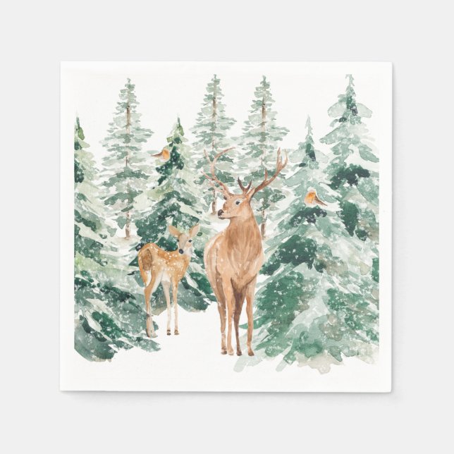 Snowy Winter Woodland Deer Christmas Napkins (Front)