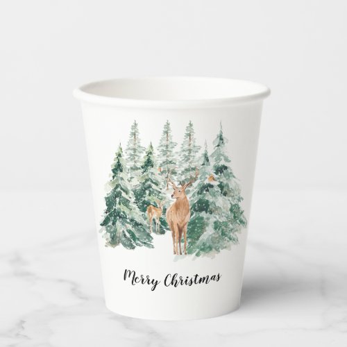 Snowy Winter Woodland Deer Merry Christmas Paper Cups