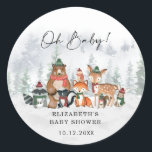 Snowy Winter Woodland Forest Boy Baby Shower Classic Round Sticker<br><div class="desc">This adorable round sticker features a group of cute woodland animals and frosty forest landscape in elegantly muted holiday colors</div>