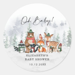 Snowy Winter Woodland Forest Boy Baby Shower Classic Round Sticker