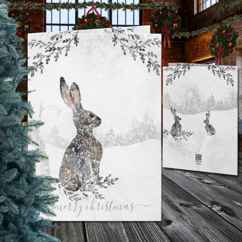 Snowy Winter Woodland Hare Watercolor Holiday