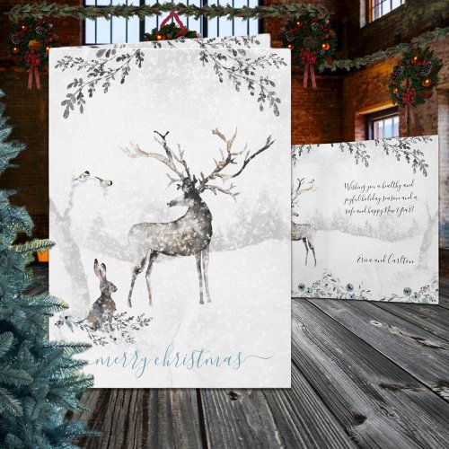 Snowy Winter Woodland Reindeer And Friends Holiday Card