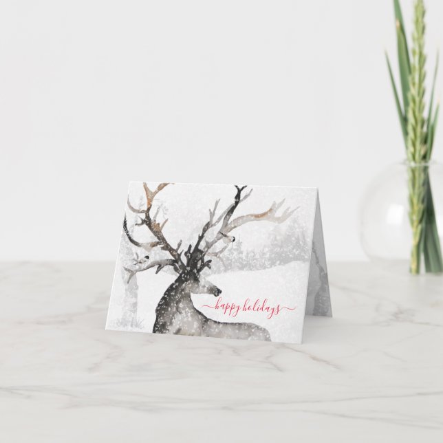 Snowy Winter Woodland Reindeer Merry Christmas Holiday Card (Front)