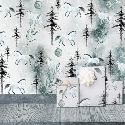 Snowy Winter Woodland White Horse &amp; Arctic Fox Wrapping Paper Sheets
