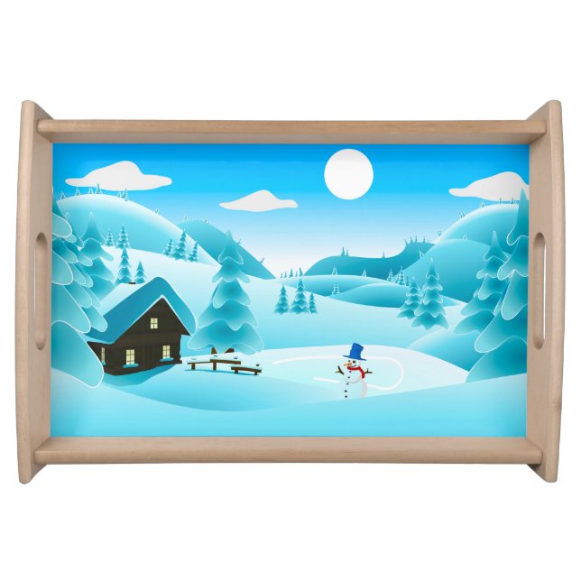 Snowy Winter Woods Cabin and Cute Snowman Serving Tray (Front)