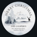 Snowy Winter Woods Christmas Return Address Classic Round Sticker<br><div class="desc">Take the strain off sending out Christmas Holiday Cards this year with these stylish wintery snowy scence Christmas Return Address Stickers. All text is easy to customize.</div>