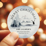 Snowy Winter Woods Christmas Return Address Classic Round Sticker<br><div class="desc">Take the strain off sending out Christmas Holiday Cards this year with these stylish wintery snowy scence Christmas Return Address Stickers. All text is easy to customize.</div>