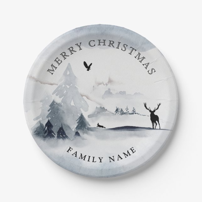 Snowy Winter Woods Mountains Merry Christmas Paper Plates (Front)