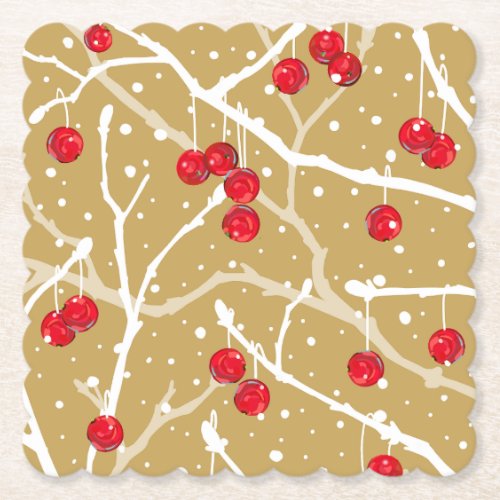 Snowy Winterberries  Gold_tone Paper Coaster