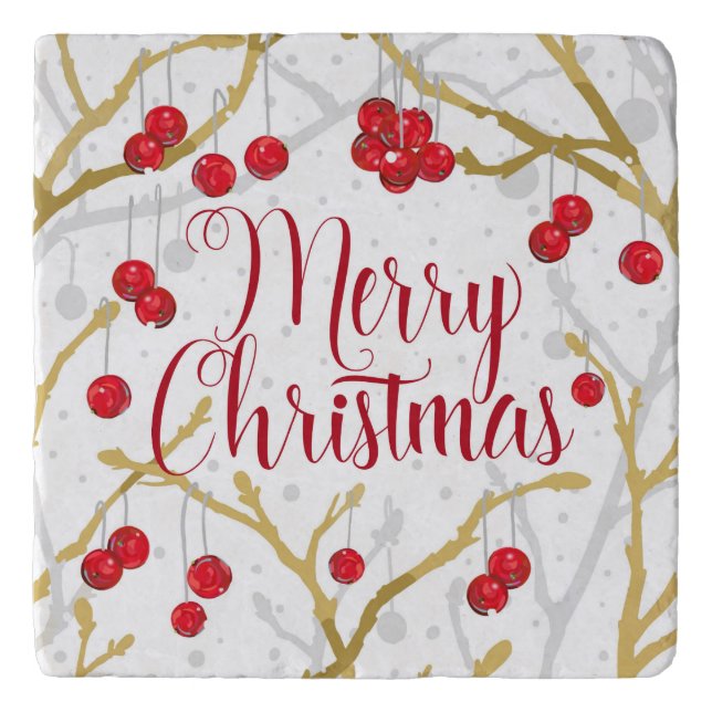 Snowy Winterberries Merry Christmas Kitchen Trivet (Front)