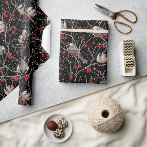 Snowy Winterberry Chickadees Christmas  Black  Wrapping Paper