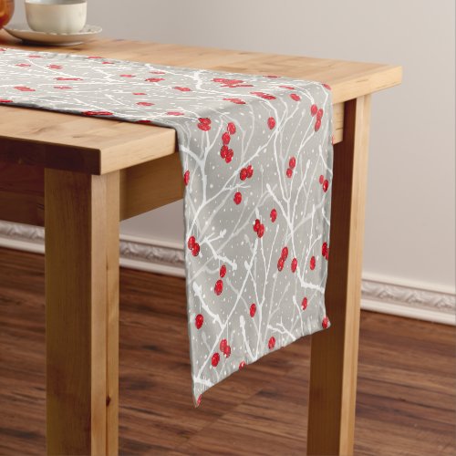 Snowy Winterberry Trees Pattern  Mushroom  Short Table Runner