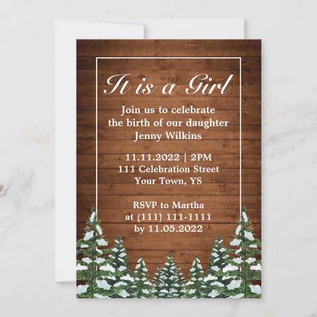 Snowy Wood & Forest Baby Girl Birth Celebration Invitation (Front)