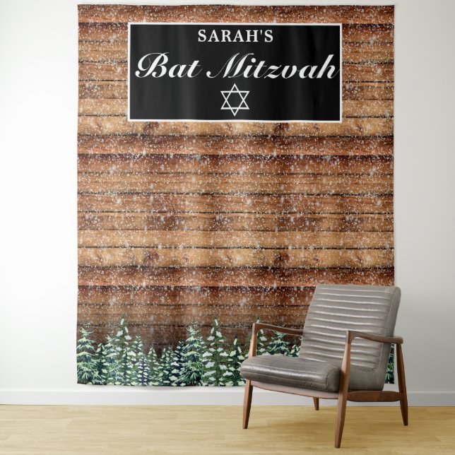 Snowy Wood & Forest Bat Mitzvah Photo Background Tapestry (In Situ)