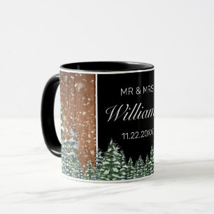 Snowy Wood & Forest Black Pine Wedding Mr Mrs Mug