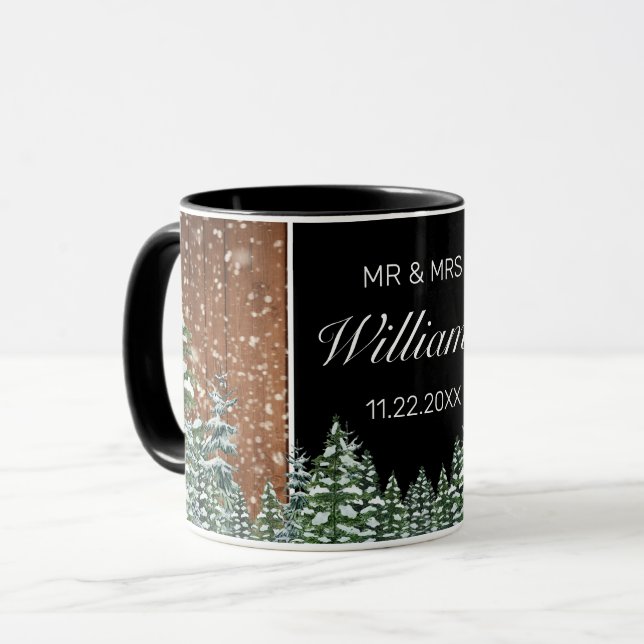 Snowy Wood & Forest Black Pine Wedding Mr Mrs Mug (Front Left)