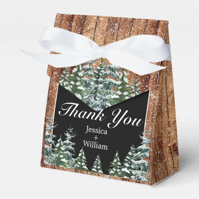 Snowy Wood & Forest Black Thank You Wedding Favor Boxes (Front Side)