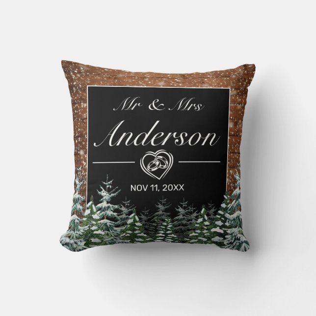 Snowy Wood & Forest Black Wedding Throw Pillow (Front)