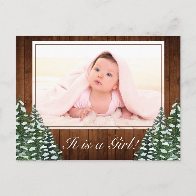 Snowy Wood & Forest Country Baby Girl Photo Birth Announcement Postcard (Front)