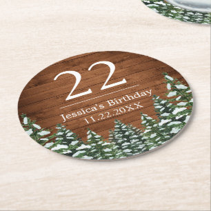 Snowy Wood & Forest Country Pine Birthday Round Paper Coaster