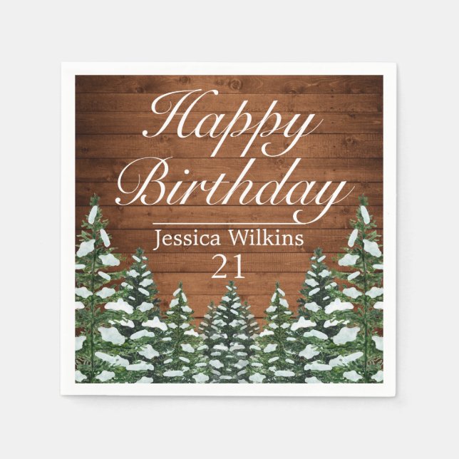 Snowy Wood & Forest Country Pine Happy Birthday Napkins (Front)