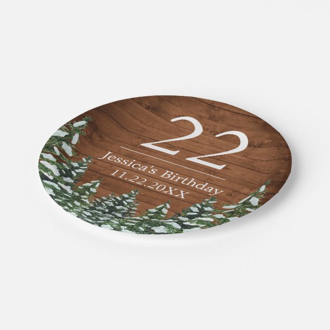 Snowy Wood & Forest Country Pine Happy Birthday Paper Plates (Angled)