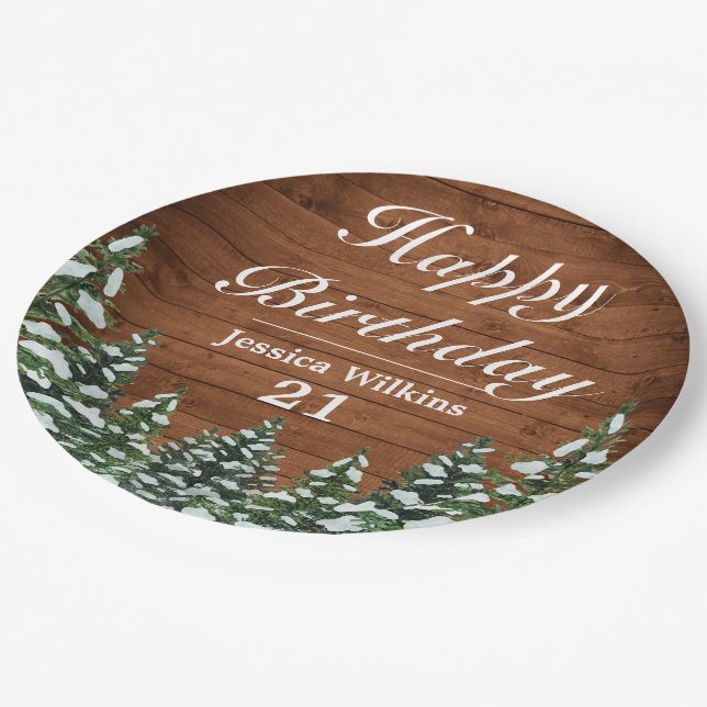 Snowy Wood & Forest Country Pine Happy Birthday Paper Plates (Angled)