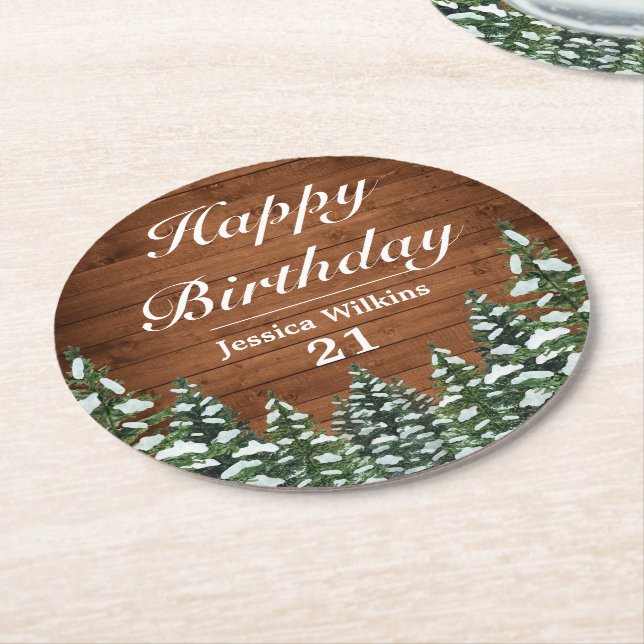 Snowy Wood & Forest Country Pine Happy Birthday Round Paper Coaster (Angled)