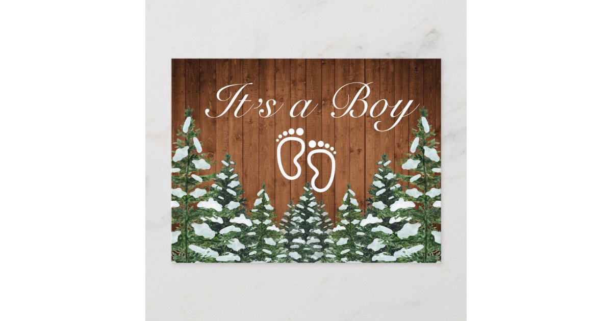 Snowy Wood & Forest Country Pine It's a Boy Announcement Postcard | Zazzle