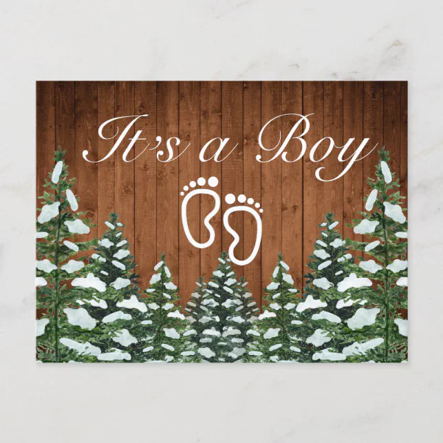 Snowy Wood & Forest Country Pine It's a Boy Announcement Postcard | Zazzle