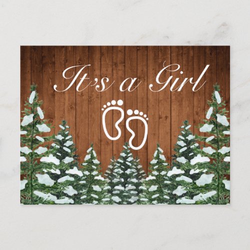 Snowy Wood  Forest Country Pine Its a Girl Announcement Postcard