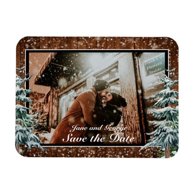 Snowy Wood & Forest Country Pine Photo Wedding Magnet (Horizontal)