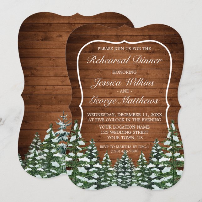 Snowy Wood & Forest Country Pine Rehearsal Dinner Invitation (Front/Back)