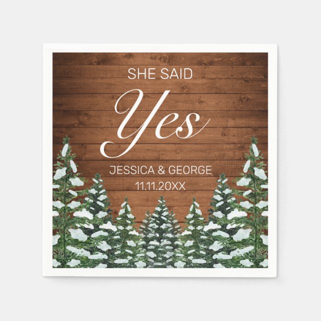 Snowy Wood & Forest Country Pine She Said Yes Napkins (Front)