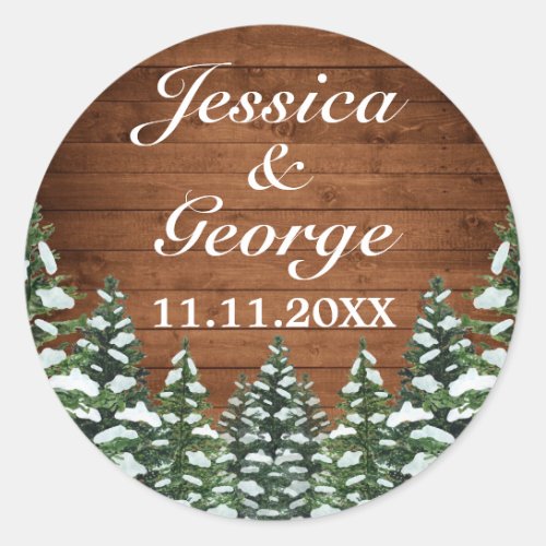 Snowy Wood  Forest Country Pine Wedding Classic Round Sticker
