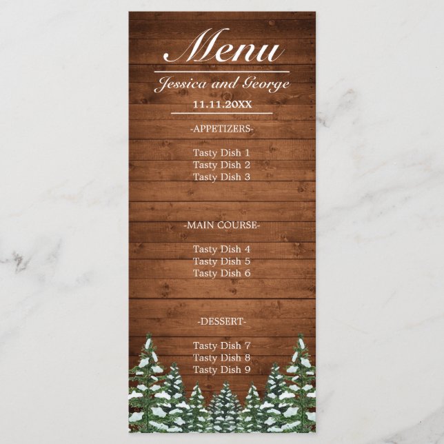 Snowy Wood & Forest Country Pine Wedding Menu (Front)