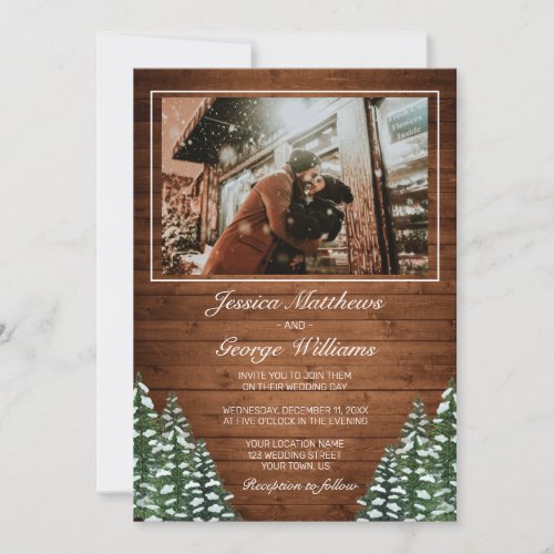 Snowy Wood  Forest Country Pine Wedding Photo Invitation