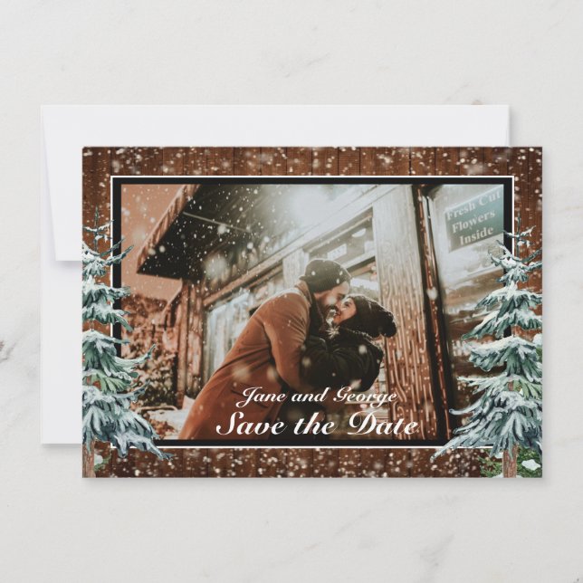 Snowy Wood & Forest Country Pine Wedding Photo Save The Date (Front)
