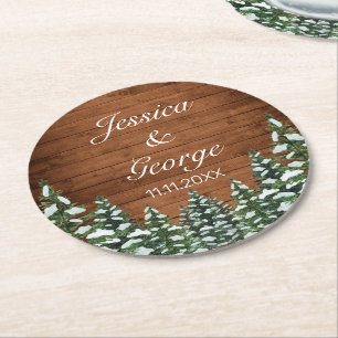Snowy Wood & Forest Country Pine Wedding Round Paper Coaster